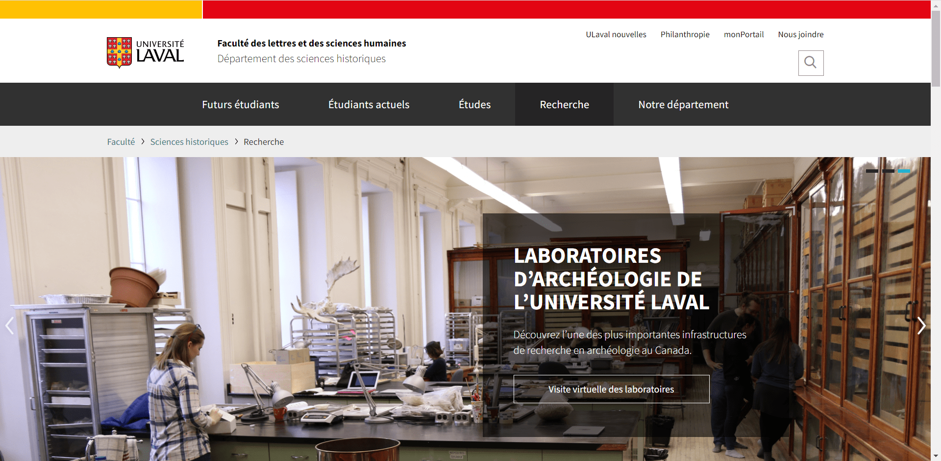 Website screenshot showing an archaeology laboratory at L’Université Laval
