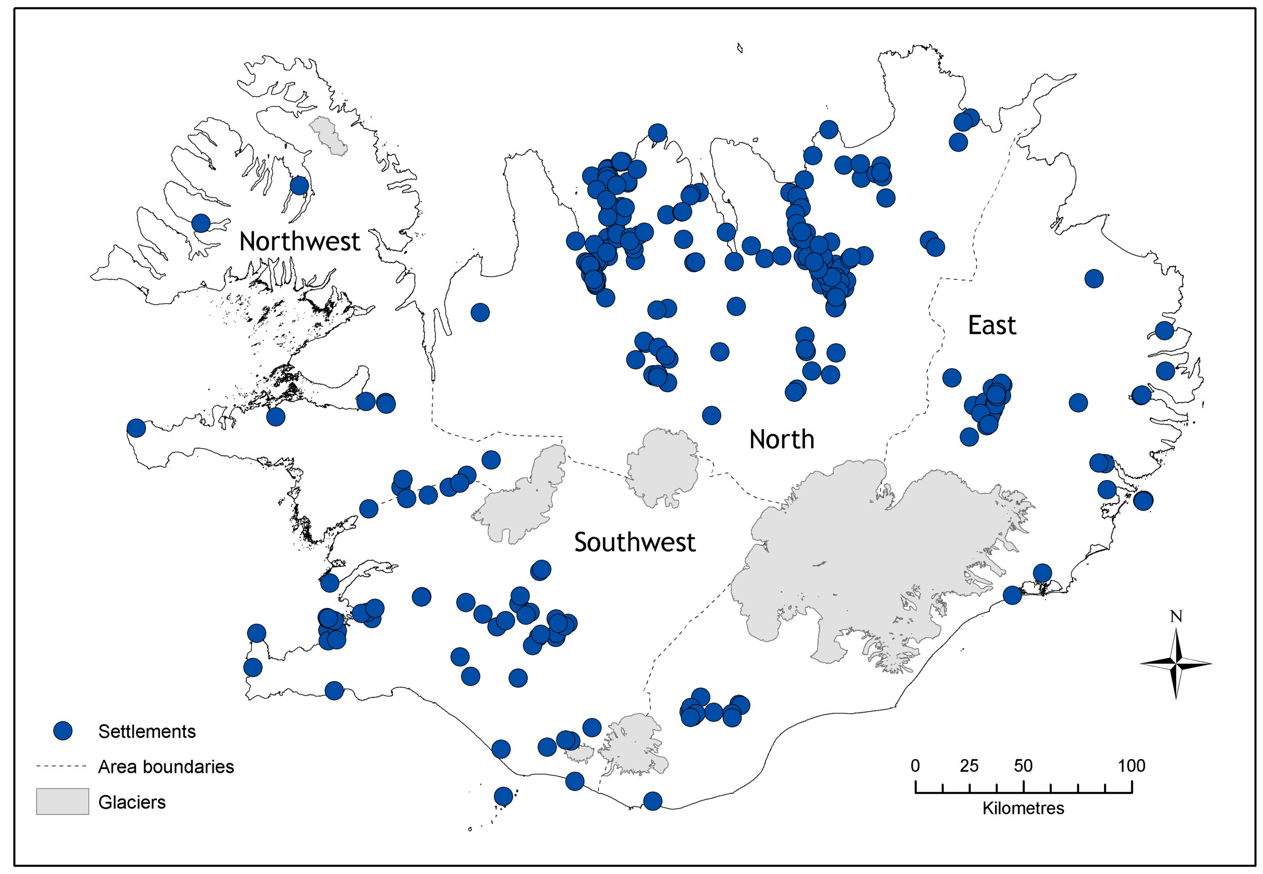 Map of the distribution of 300 settlement sites in Iceland