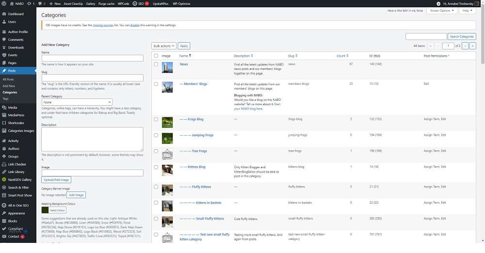 Help screenshot showing the blog category structure