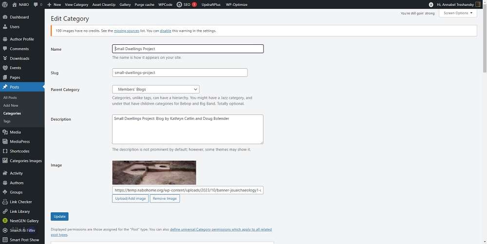 Screenshot: First set of category custom fields, including title, description and banner image