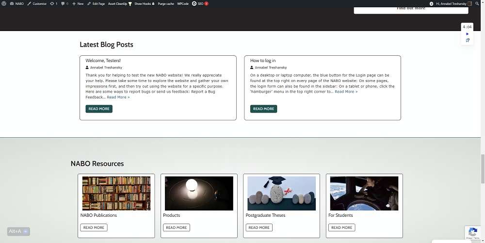 Screenshot of the NABO home page section with the latest blog posts