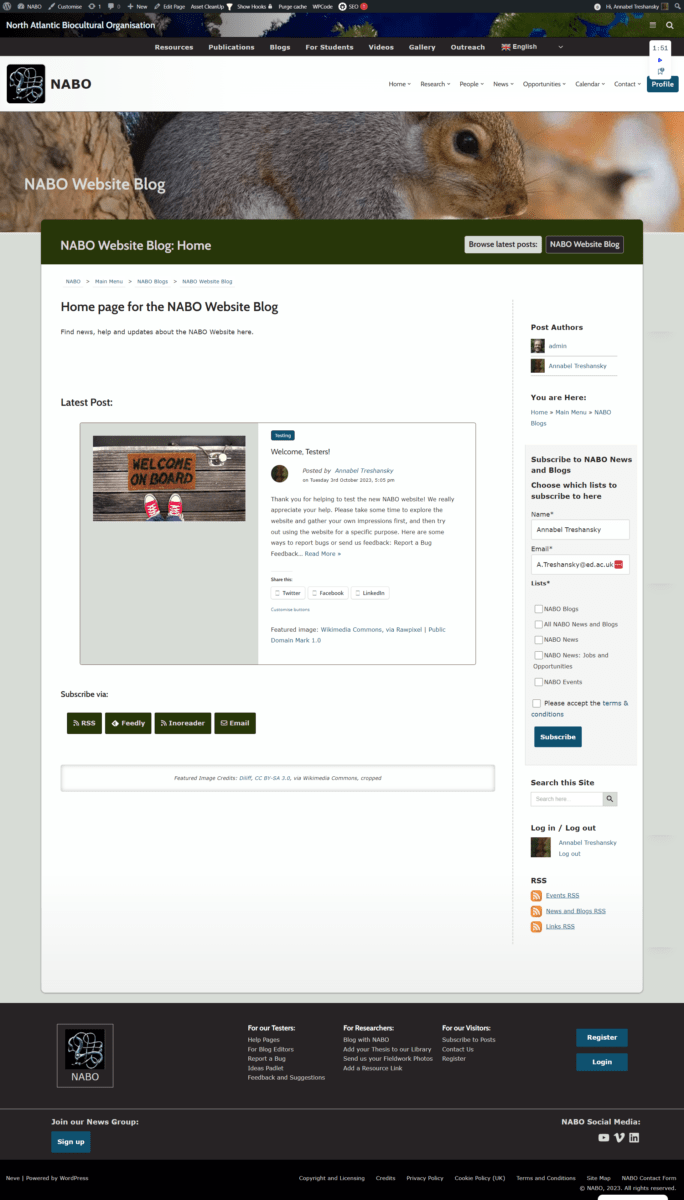 Screenshot of a blog home page with no content added