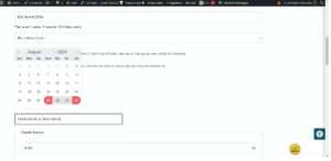 Screenshot showing the event form calendar for choosing the beginning and end dates of an event