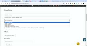 Screenshot of the add new event form, showing a drop down list of groups that events can be restricted to