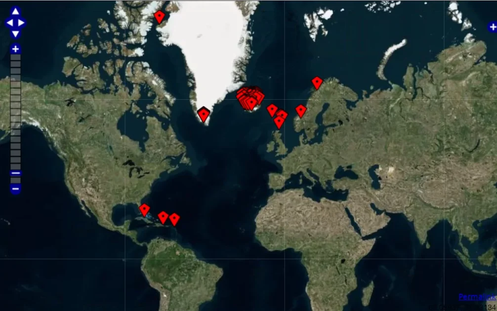 Map of the North Atlantic showing NABO project locations
