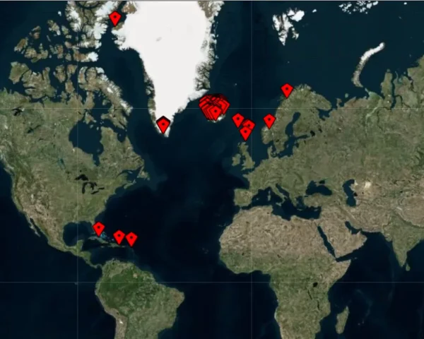 Map of the North Atlantic showing NABO project locations